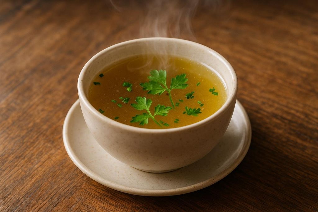 A steaming bowl of bone broth in an off-white bowl and saucer on a wooden table. The broth is garnished with fresh parsley and chives.