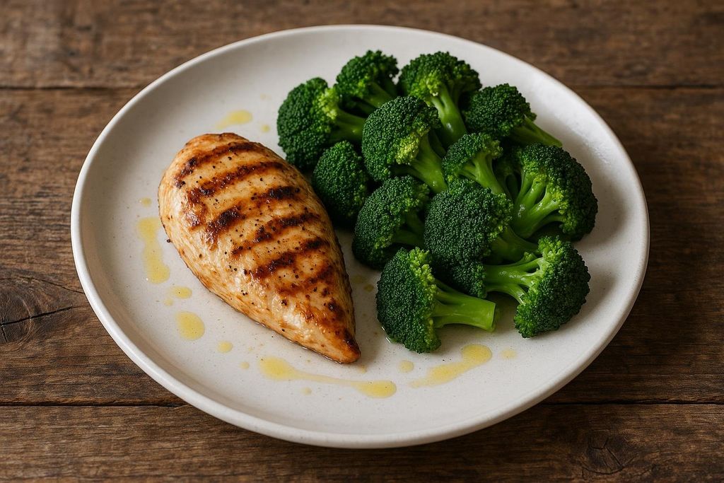 A close-up shot of a plate with a grilled chicken breast and a serving of steamed broccoli, drizzled with olive oil, on a rustic wooden table.