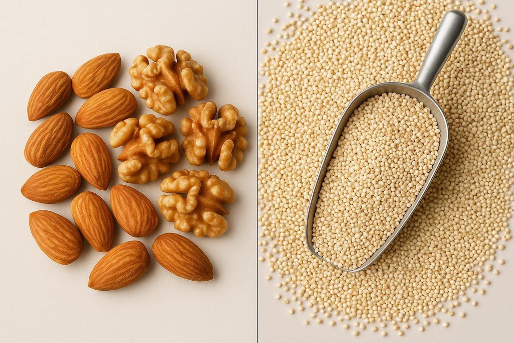 A split image. On the left, a pile of whole almonds and walnuts. On the right, a pile of white quinoa with a measuring scoop partially filled.