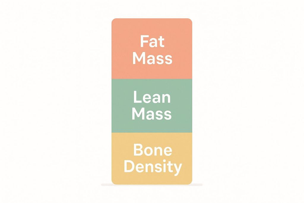 A stacked bar chart illustrating body composition with three segments: Fat Mass (orange), Lean Mass (green), and Bone Density (yellow).