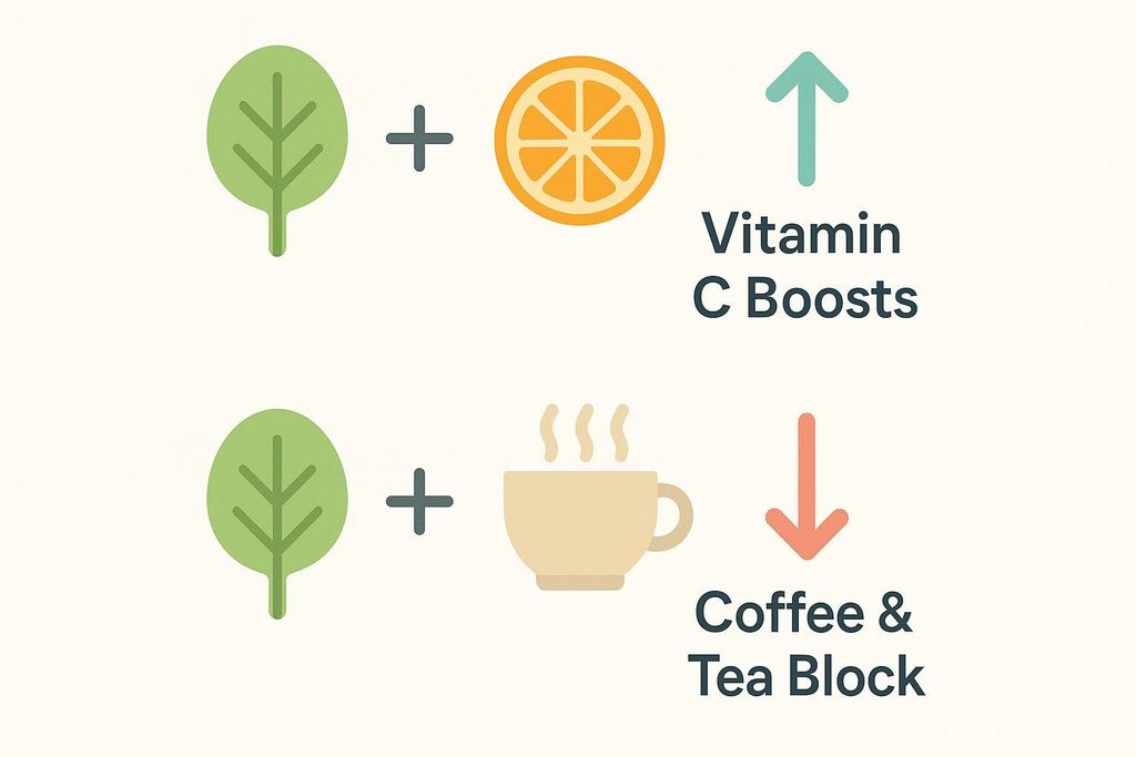 Diagram showing that pairing spinach with Vitamin C boosts iron absorption, while pairing with coffee or tea blocks absorption.
