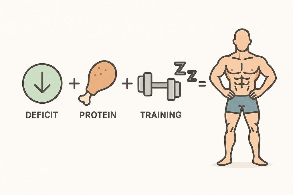 An infographic showing that a calorie deficit, protein, and training (which includes recovery represented by 'ZzZ' on the dumbbells) combine to create fat loss with muscle retention, depicted by a muscular male figure.