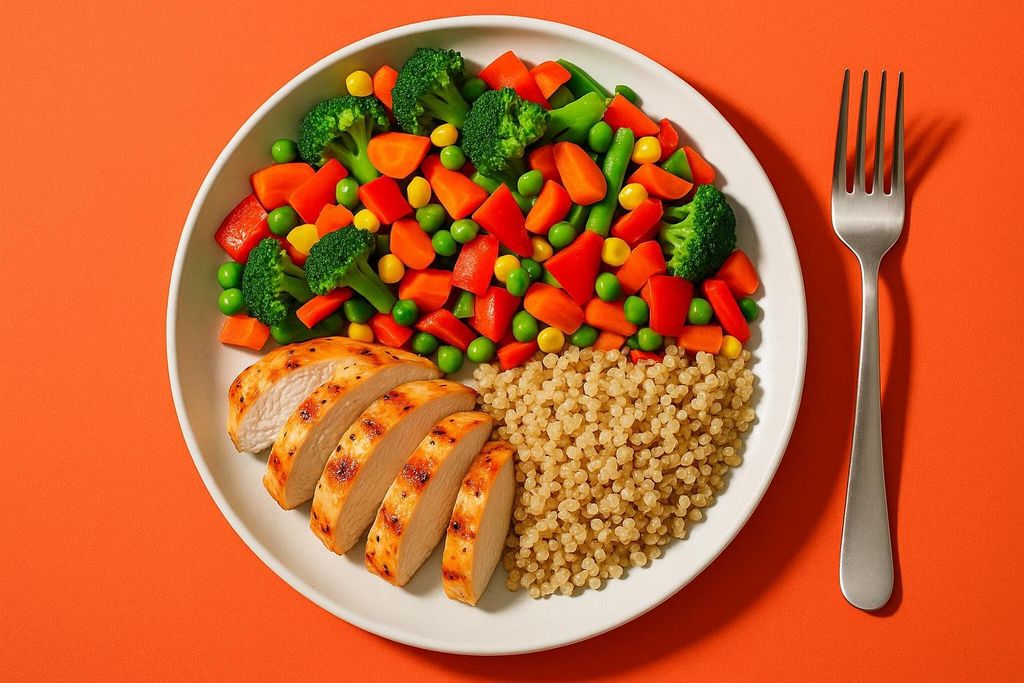 A balanced meal on a white plate with sliced grilled chicken, a medley of steamed vegetables (broccoli, carrots, peas, and corn), and quinoa.