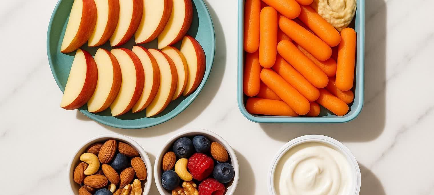 An overhead shot of an assortment of healthy snacks: sliced red apples on a teal plate, baby carrots and hummus in a teal container, two bowls of mixed nuts and berries, and a bowl of yogurt. All are arranged on a white marble surface.