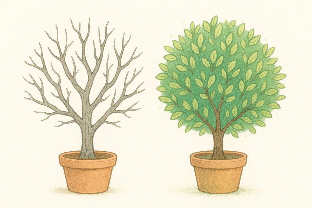 An illustration showing two potted trees side by side. The tree on the left is withered with bare branches, while the tree on the right is lush and full of green leaves. This visually represents the difference between chronological and biological age.