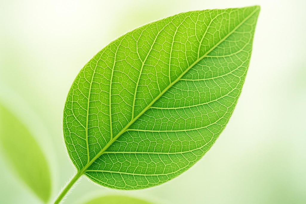 A close-up view of a vibrant green leaf, clearly showing its intricate network of veins and fuzzy stem against a soft, light green background indicating other blurry leaves.
