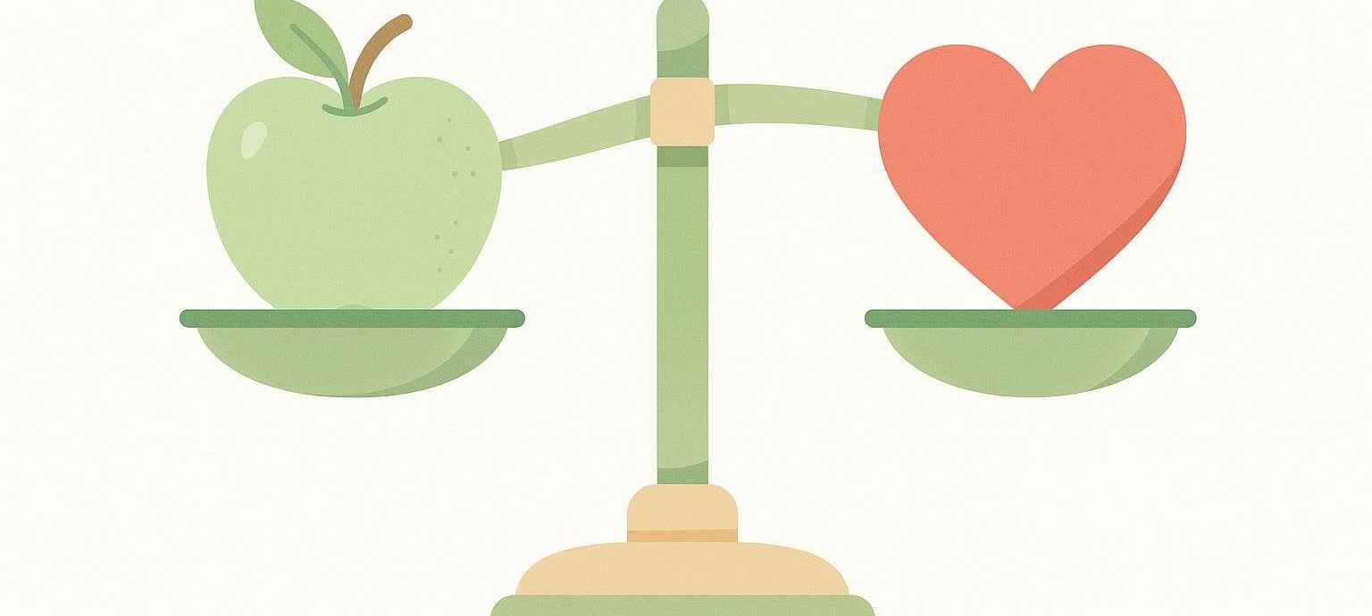 An illustration of a light green balance scale with a green apple on the left pan and a red heart on the right pan. Both sides are perfectly balanced.