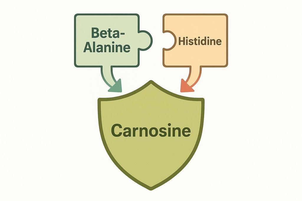 A stylized diagram showing a green block labeled 'Beta-Alanine' and an orange block labeled 'Histidine' fitting together like puzzle pieces and merging with arrows into a green shield shape labeled 'Carnosine'.