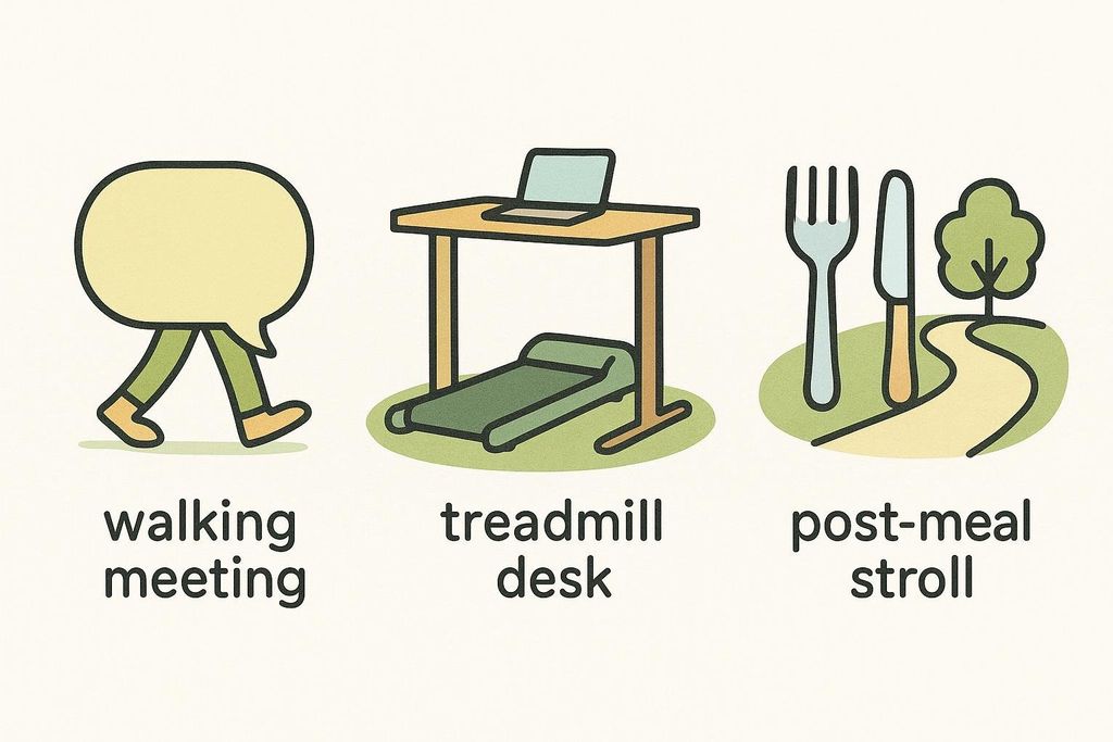 Set of icons illustrating different strategies to increase daily steps, like walking meetings or post-meal strolls.