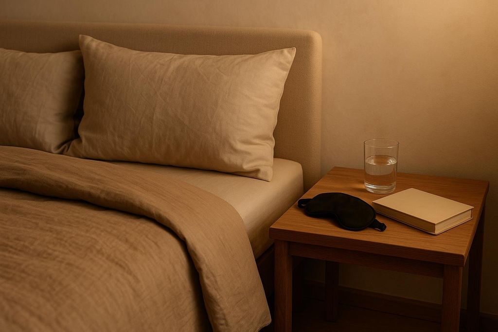A glass of water, a sleep mask, and a book on a bedside table next to a bed with neutral bedding.