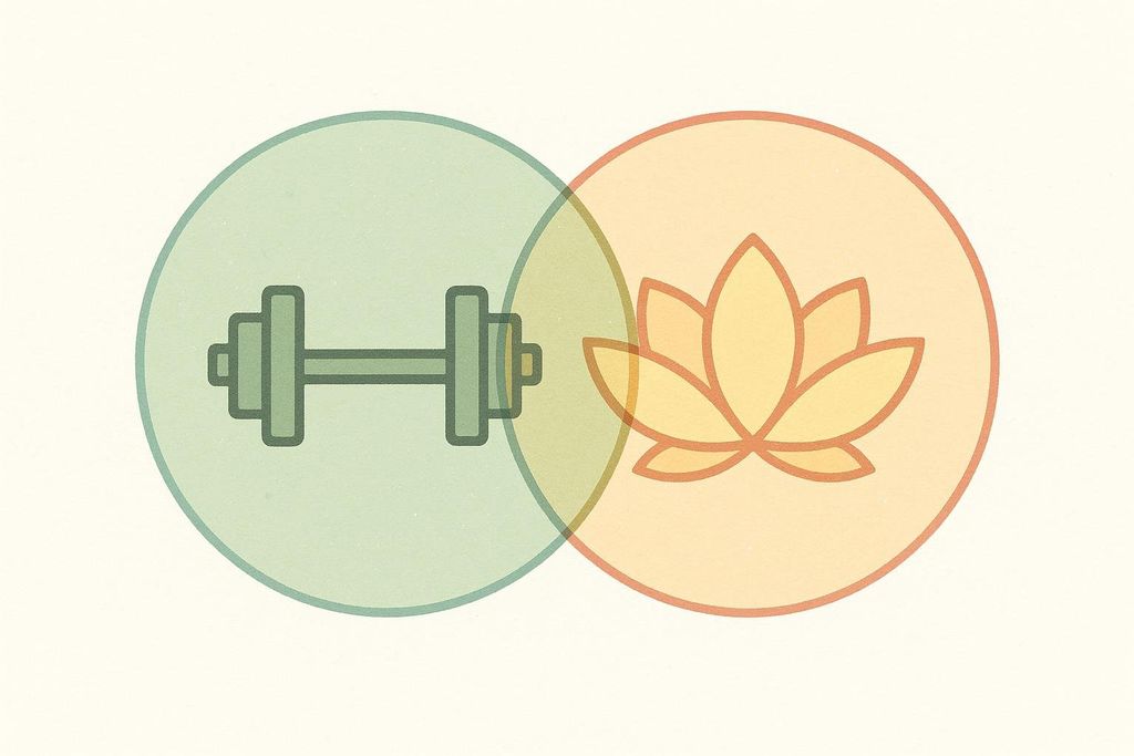 A Venn diagram showing two overlapping circles. The left, green circle contains a gray stylized dumbbell. The right, orange circle contains a yellow stylized lotus flower. The area where the circles overlap is a darker shade of green and orange.