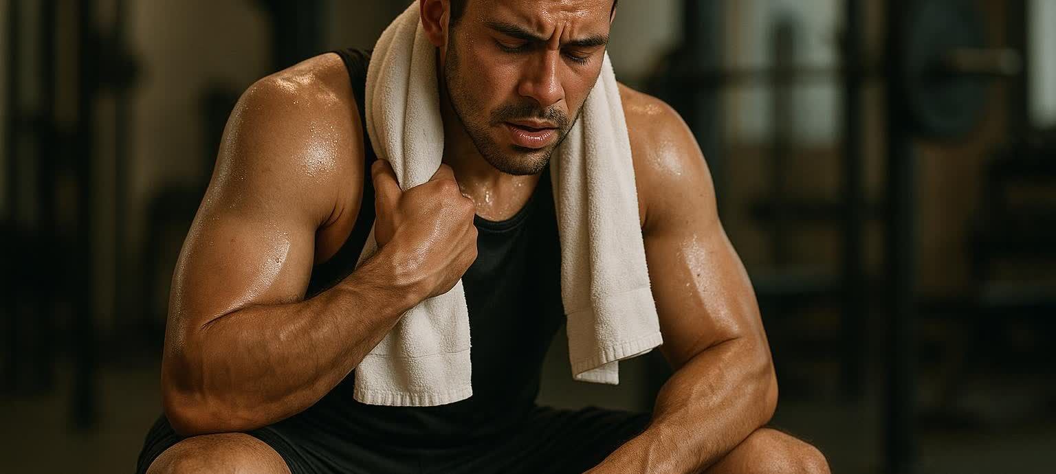 A close-up of a sweaty male athlete with a towel around his neck, resting on a bench after a workout. His eyes are closed, indicating exhaustion.