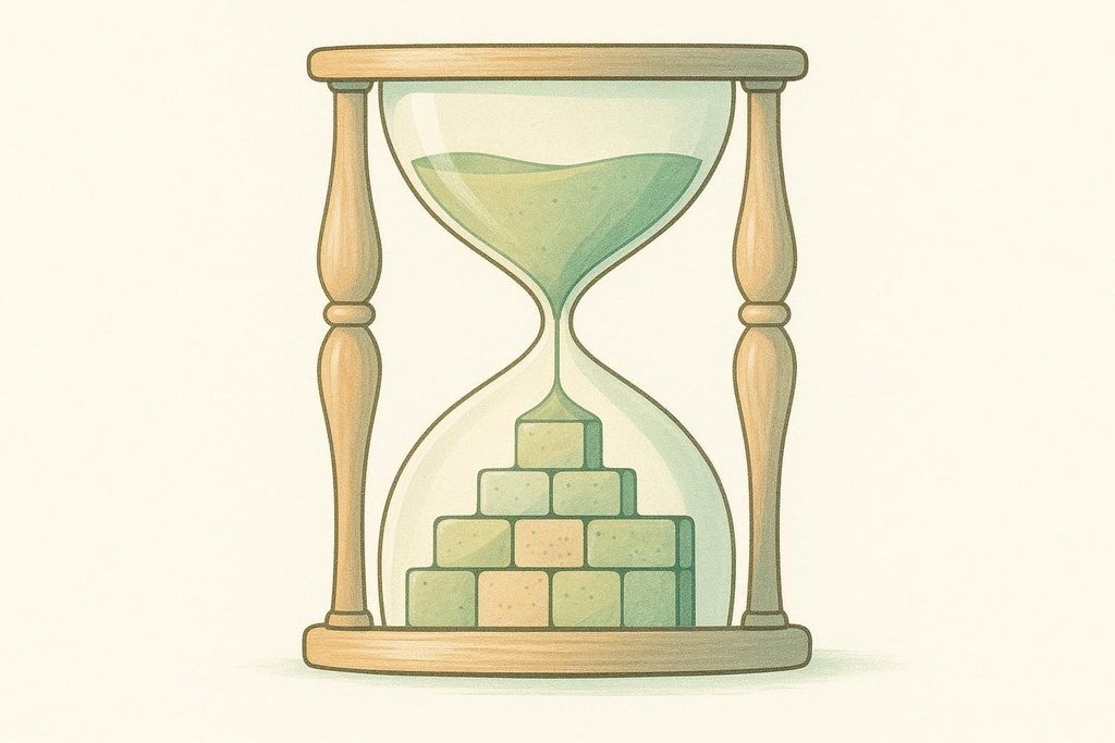 An illustration of an hourglass where the sand in the top chamber is flowing down to form a pyramid of green and tan building blocks in the bottom chamber. It symbolizes using time to build a foundation.