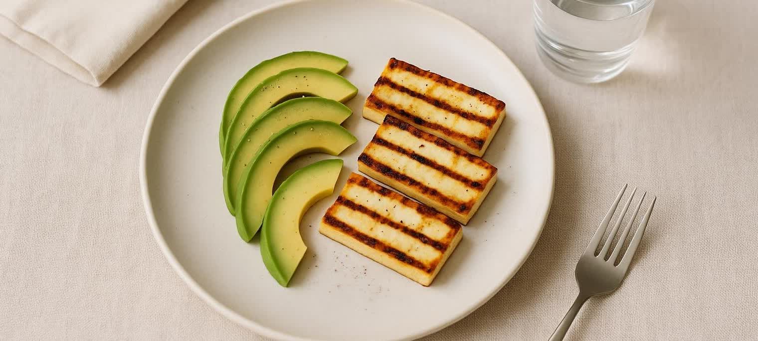 An overhead shot of a plate with perfectly grilled halloumi cheese slices and fresh avocado wedges, seasoned with pepper. A glass of water and a fork are visible on the side.
