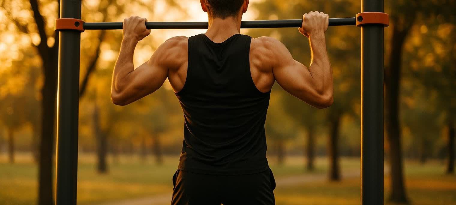 A person viewed from behind performing a pull-up at an outdoor gym during a beautiful sunset, highlighting fitness and dedication.