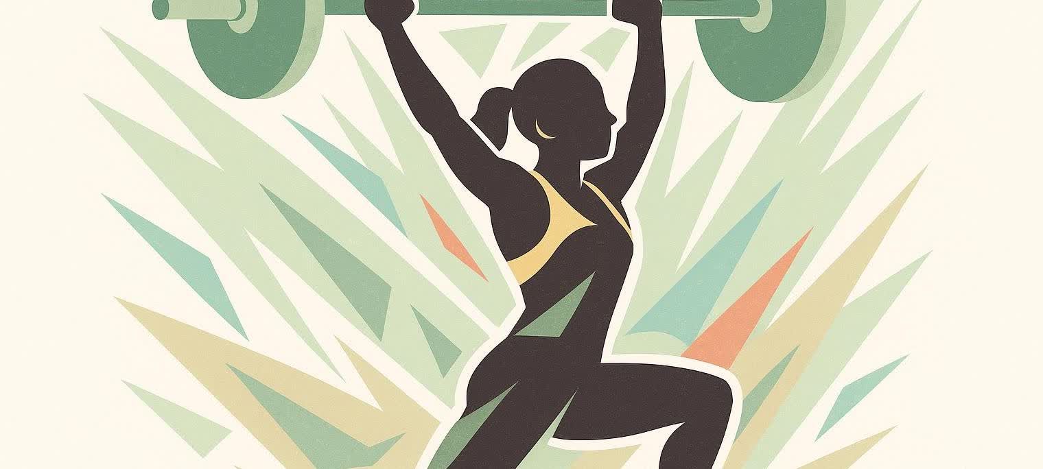 Artistic silhouette illustration of a woman in a yellow sports bra lifting a barbell overhead, with abstract, sharp energy lines radiating outwards in shades of green, blue, and orange on a light background.