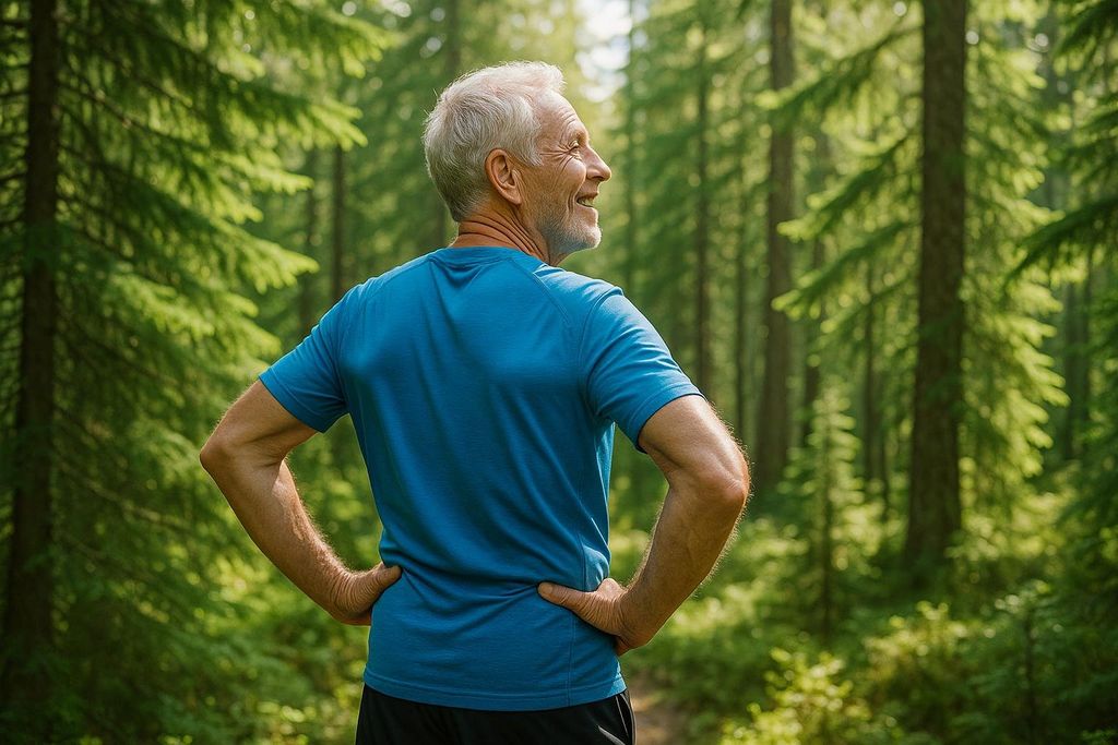 An older man with gray hair and a blue shirt, seen from behind and slightly to the side, smiles as he looks out into a green, sun-dappled forest.