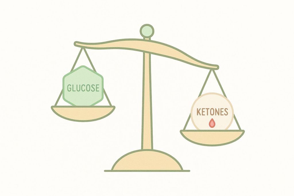 An illustration of a balance scale with glucose on one side and ketones on the other. The scale is tipped down on the side of ketones, indicating that ketones are favored over glucose.