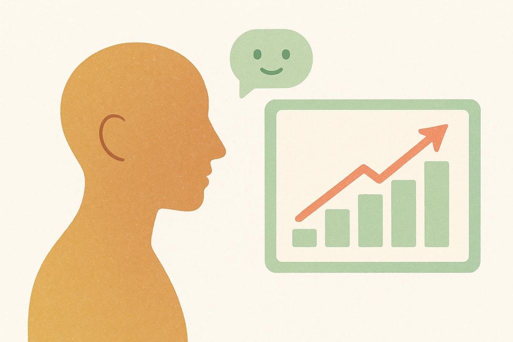 An illustration of a silhouette with a thought bubble containing a smiling face, looking at a chart with data going up, symbolizing data-driven optimization.