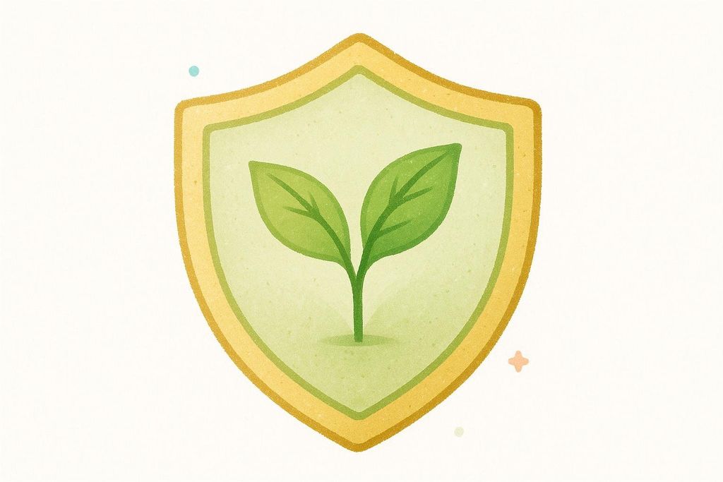 An icon of a green plant sprout with two leaves, centered within a light green shield with a golden yellow border. Small, colorful sparkle-like elements are in the background.