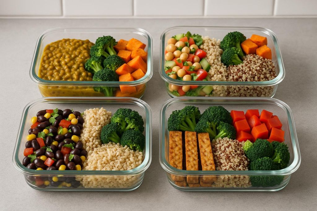 Four clear glass containers with diverse vegan meal preps. Each container holds different combinations of ingredients such as lentils, chickpeas, black beans, brown rice, quinoa, broccoli, sweet potatoes, carrots, and tofu, all neatly arranged for a week's worth of meals.