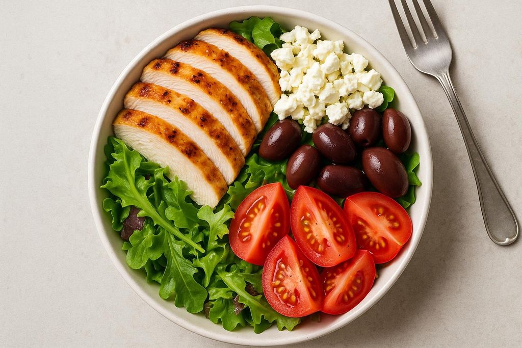 An overhead shot of a Greek chicken salad bowl featuring sliced grilled chicken breast, crumbled feta cheese, Kalamata olives, quartered red tomatoes, and mixed greens on a light background with a fork to the side.