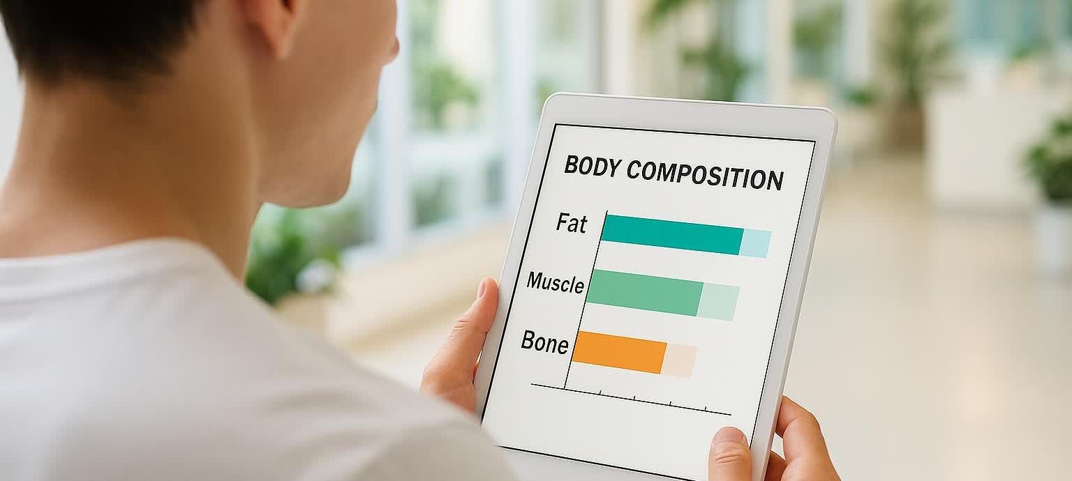 Person reviewing simplified body composition results chart on a digital tablet.