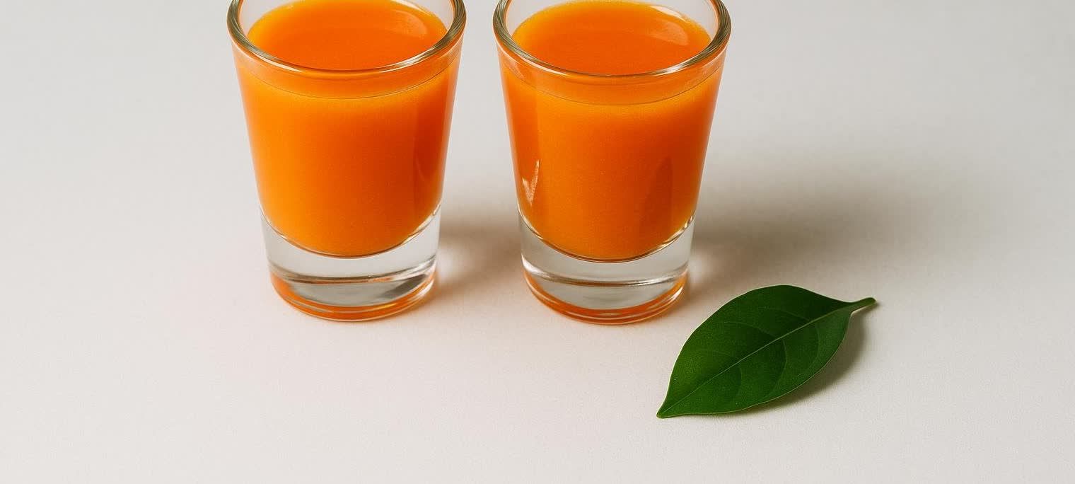 Two clear shot glasses filled with orange liquid, likely an immunity shot or juice, next to a single green leaf on a white surface.