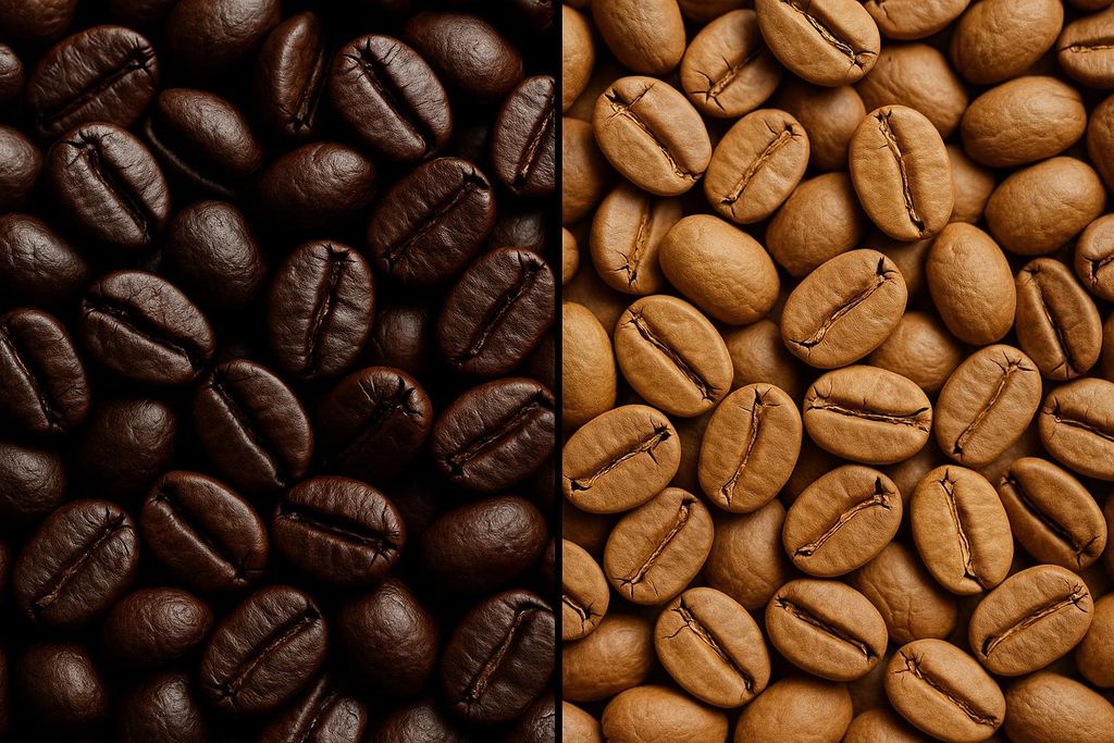 A close-up, side-by-side comparison of numerous light roast coffee beans on the right, which are pale brown and matte, and dark roast coffee beans on the left, which are dark brown and slightly shiny.