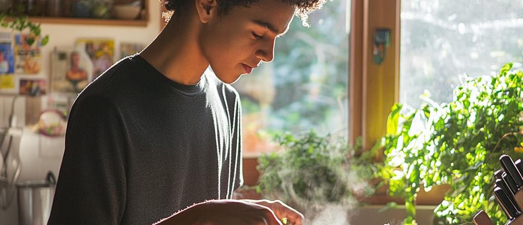 A young man looking down while cooking in a sunlit kitchen with plants.