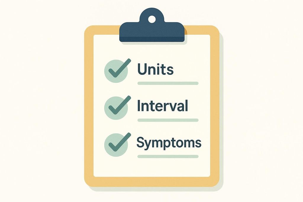 An illustration of a clipboard with a checklist. The checklist items are 'Units', 'Interval', and 'Symptoms', each with a green checkmark next to it.