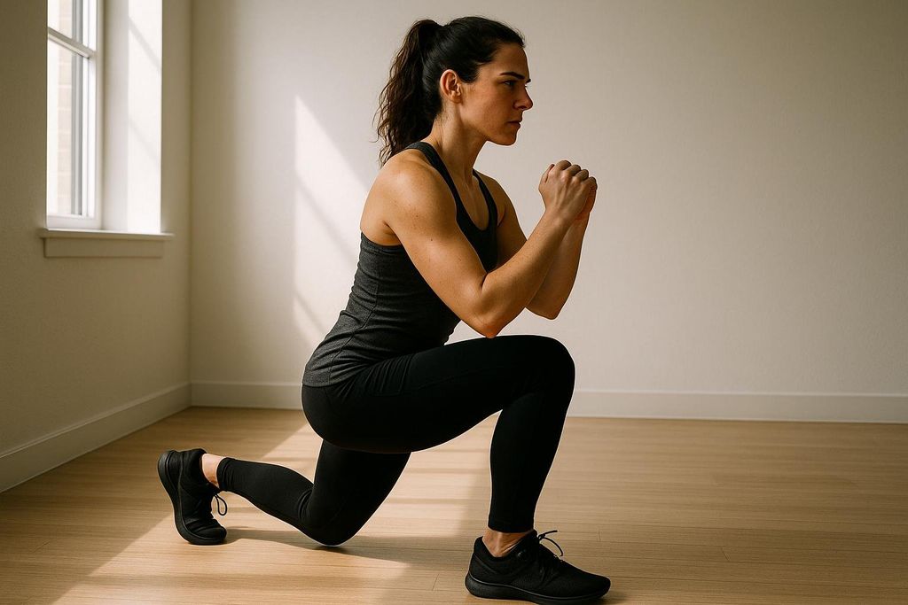 A woman in workout clothes performs a bodyweight lunge with her hands clasped in front of her chest.