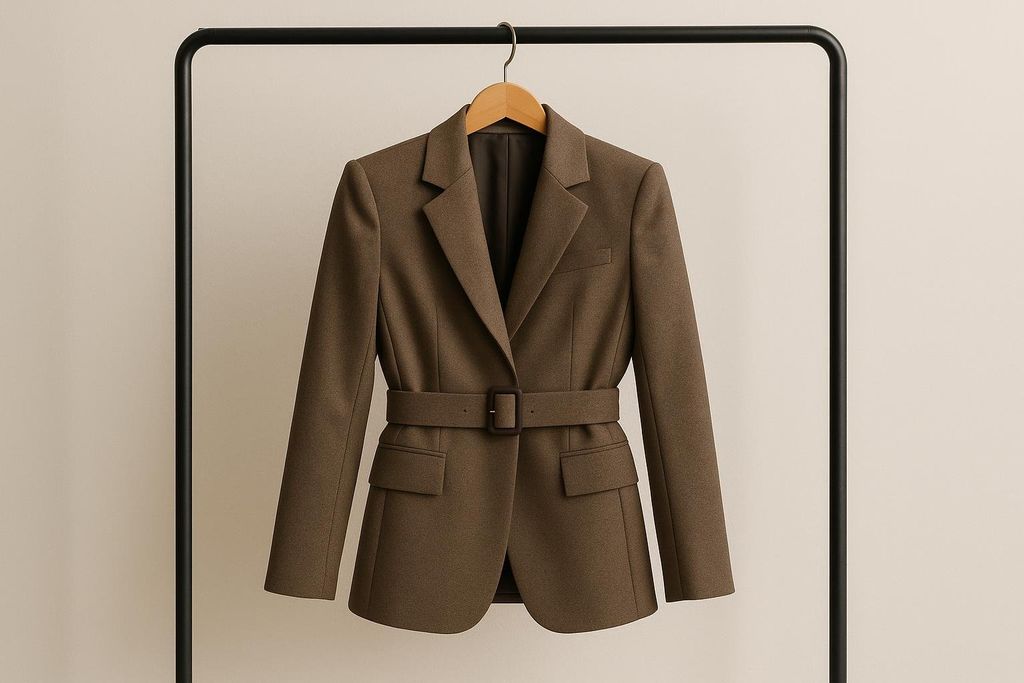 A stylish, dark brown belted blazer, featuring a large buckle and two front pockets, is displayed on a wooden hanger on a black clothing rack against a light background.