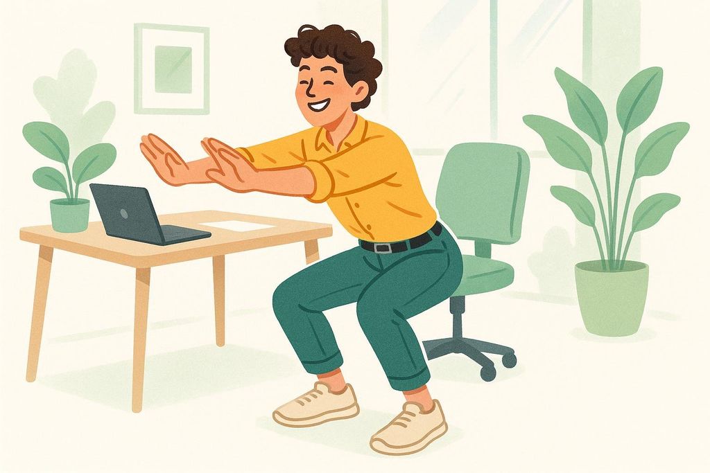 An illustration of a person taking a 'movement snack' by doing air squats in their office, promoting daily activity.