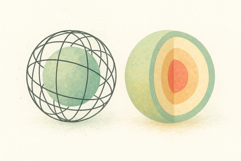An illustration showing two spheres against a light background. The sphere on the left is a light green solid globe encased in a black wireframe grid. The sphere on the right is cut open to reveal several concentric internal layers in shades of green, yellow, orange, and red.