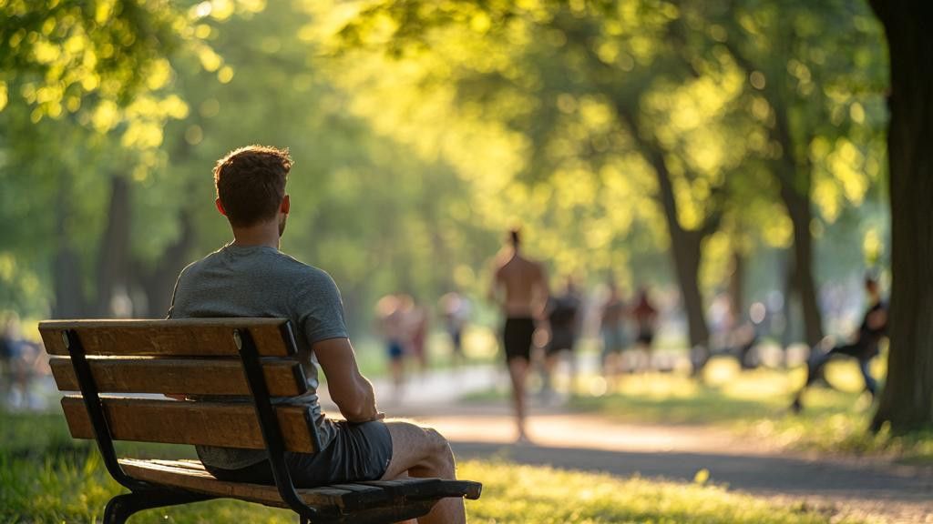 A man sits on a park bench, looking away from the camera at people running and strolling down a paved path in the distance, bathed in the hazy evening sun.