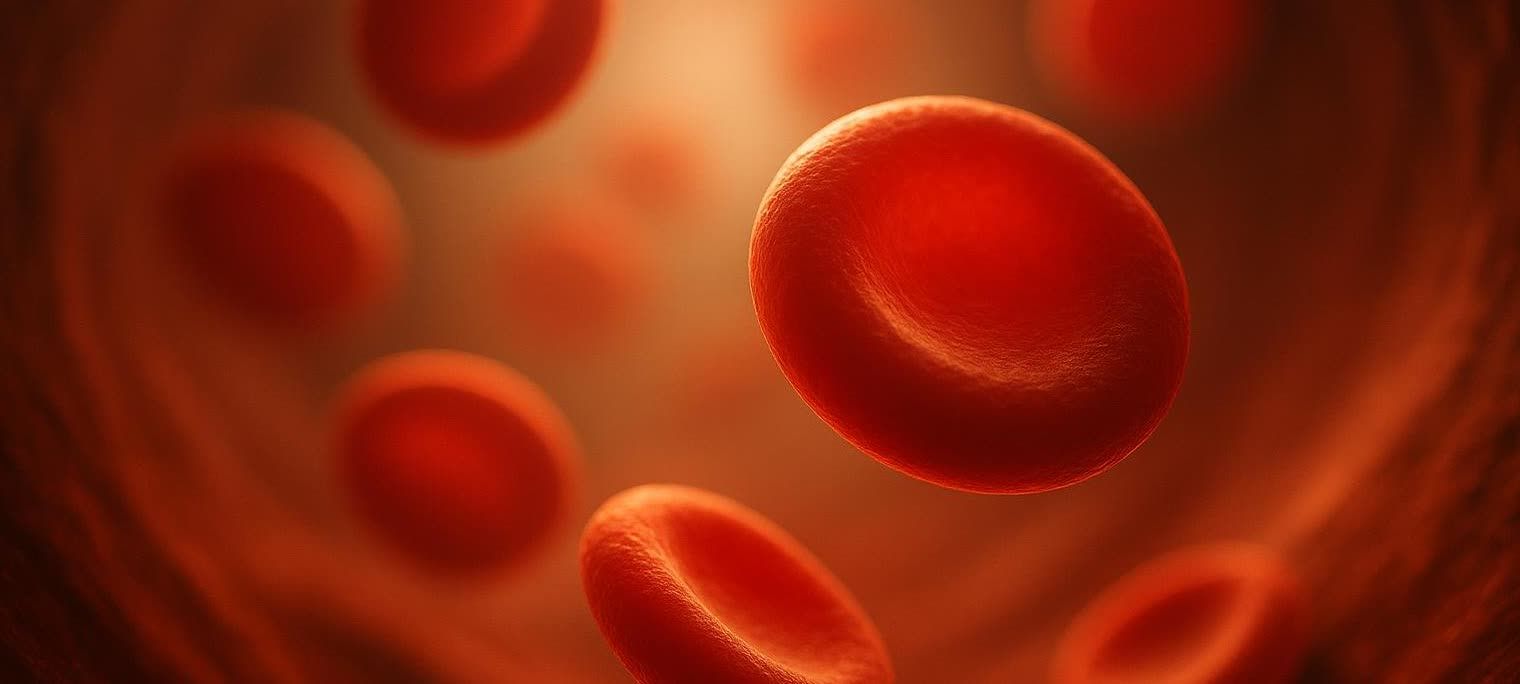 A close-up, abstract digital illustration shows several disc-shaped red blood cells, some in sharp focus and others blurred, moving through a reddish-brown artery. The cells have a slightly textured surface.