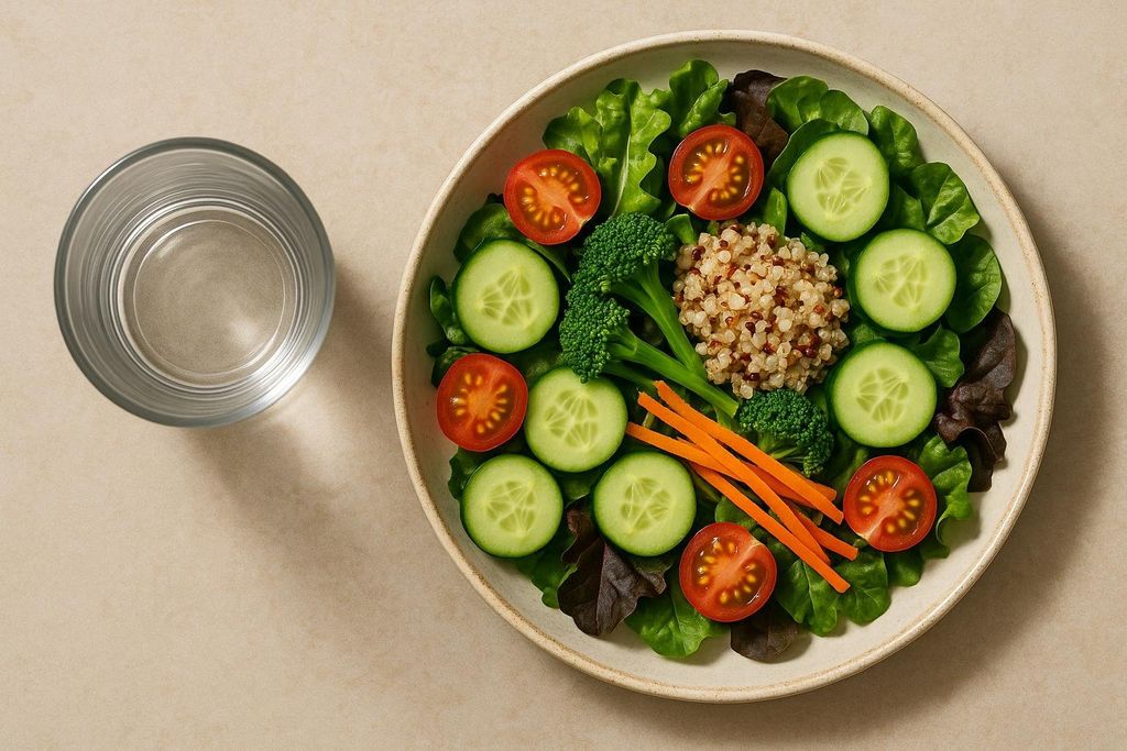 An empty glass next to a healthy garden salad representing fullness.