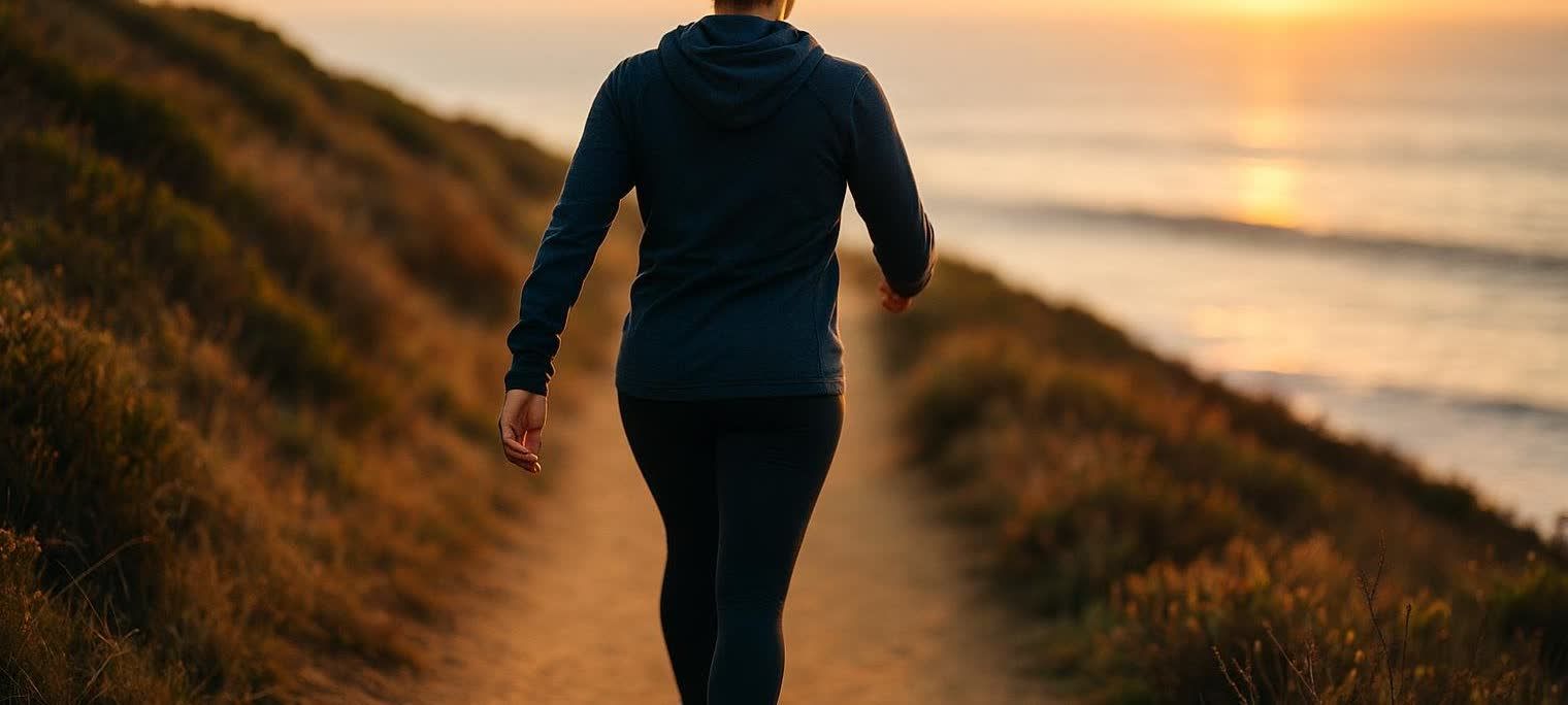 Person walking briskly on a coastal trail during a golden sunrise.