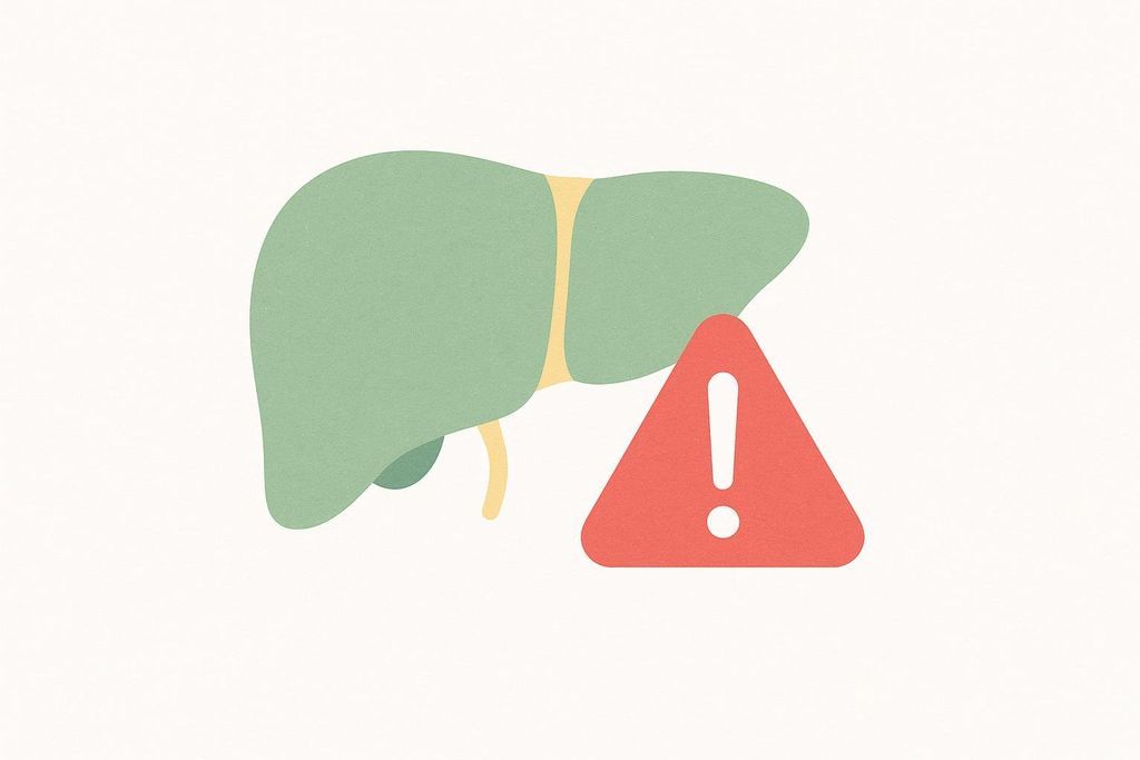 An illustration of a green liver icon with a red triangular warning symbol, signifying the potential risk of liver injury from certain detox products.