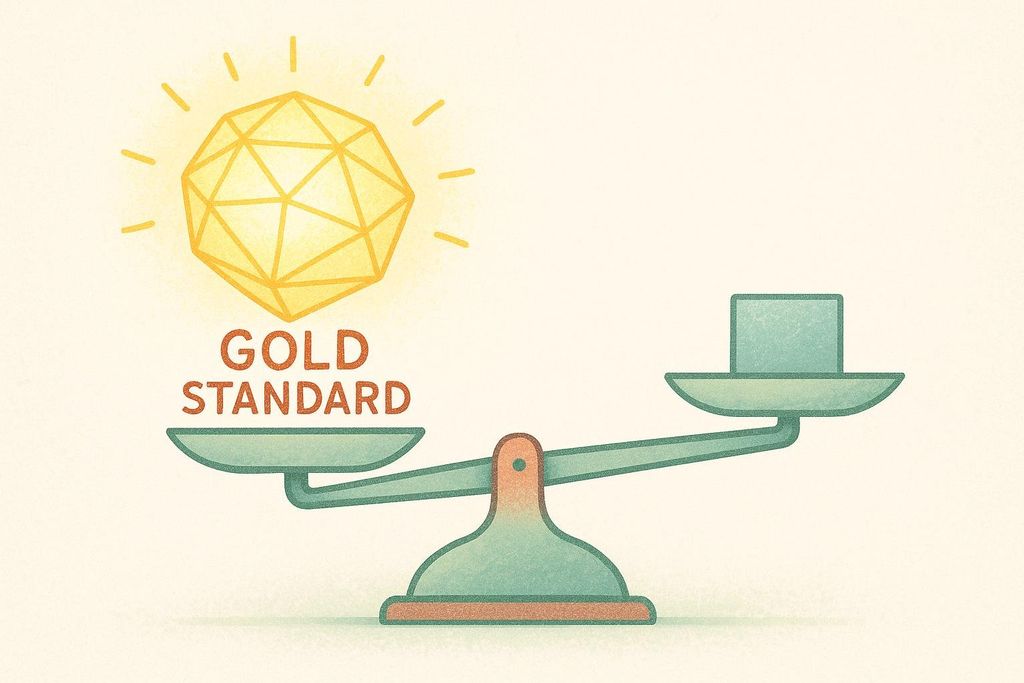 An illustration of a balance scale tipped heavily to the left. On the left pan is a glowing, faceted golden orb with the words 'GOLD STANDARD' below it. On the right pan is a simple gray rectangular block, much lighter than the gold standard.