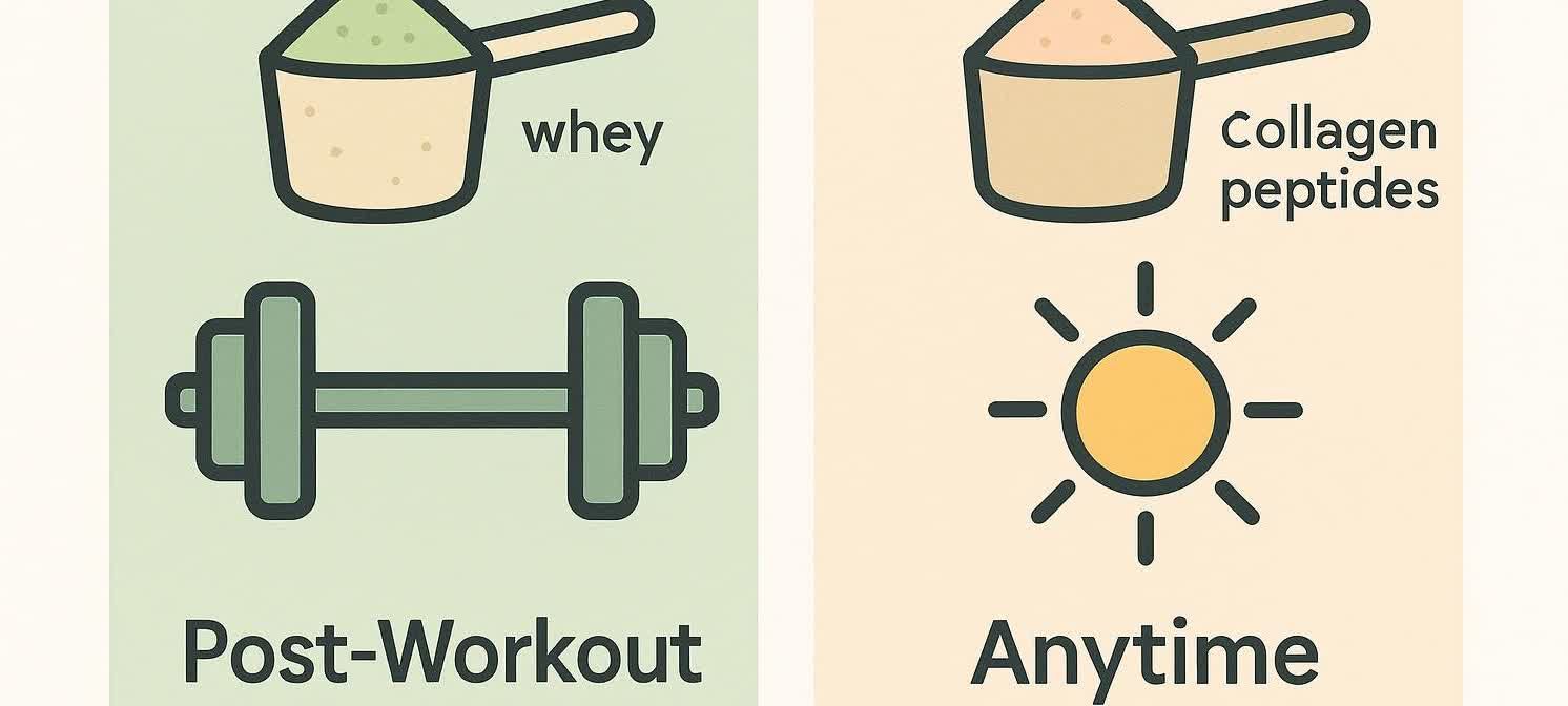A flat vector split-screen image comparing whey and collagen peptides. On the left side, with a light green background, a scoop of 'whey' powder is shown above a dumbbell icon and the text 'Post-Workout'. On the right side, with a light tan background, a scoop of 'collagen peptides' is shown above a sun icon and the text 'Anytime'. The icons and text use dark outlines.