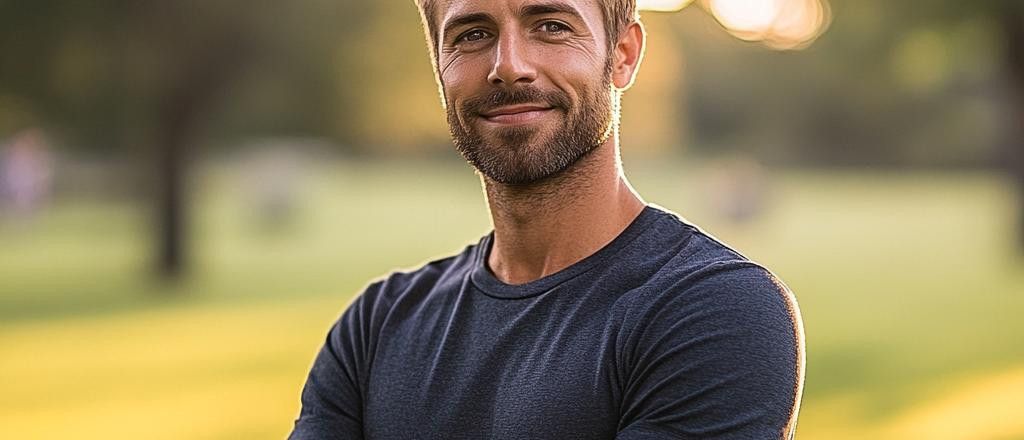 A portrait of a smiling man with a beard wearing a dark grey shirt. He is posed with his arms crossed and the image is back-lit by a sunset.