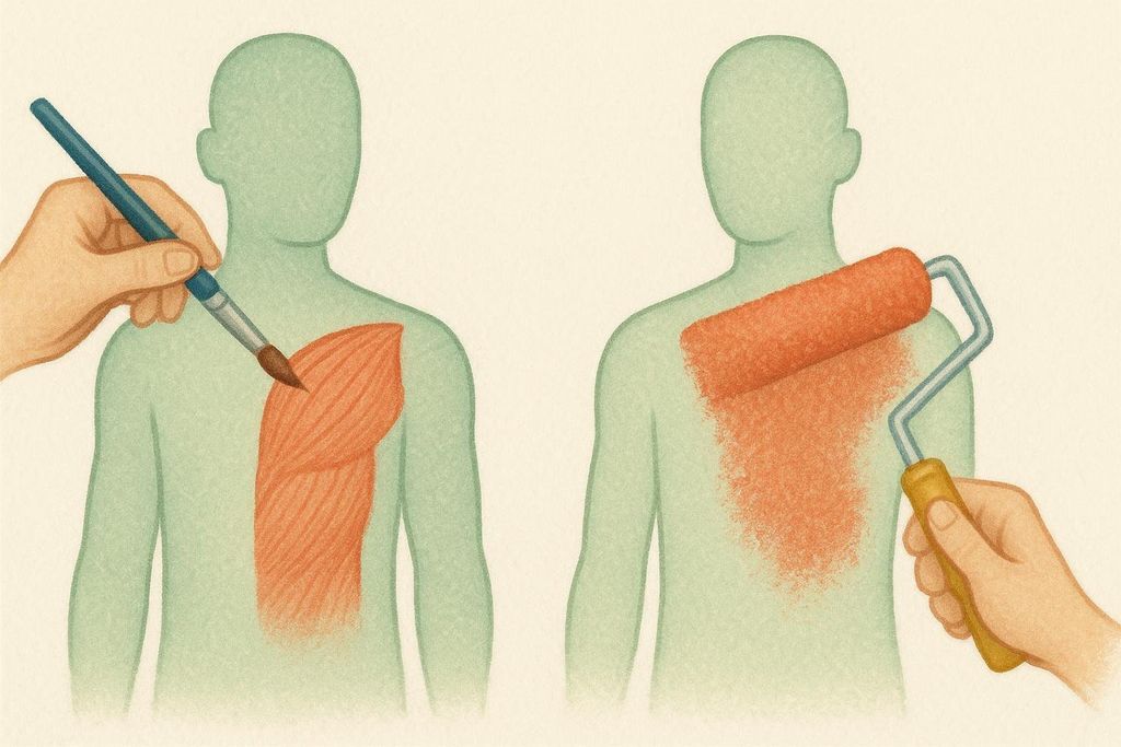 Illustration comparing a paintbrush carefully painting muscle versus a paint roller applying muscle broadly, symbolizing lean versus traditional bulk training methods.