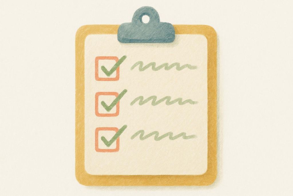 An illustration of a clipboard with a checklist. Three orange square checkboxes are visible, each with a green checkmark inside, next to squiggly lines representing text.