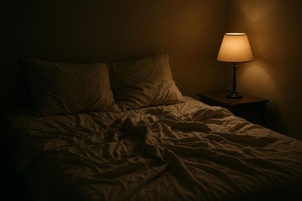 A dimly lit bedroom features an unmade bed with two pillows and crumpled sheets. A bedside lamp with a warm glow illuminates the scene, suggesting a late night or early morning atmosphere associated with sleep issues.