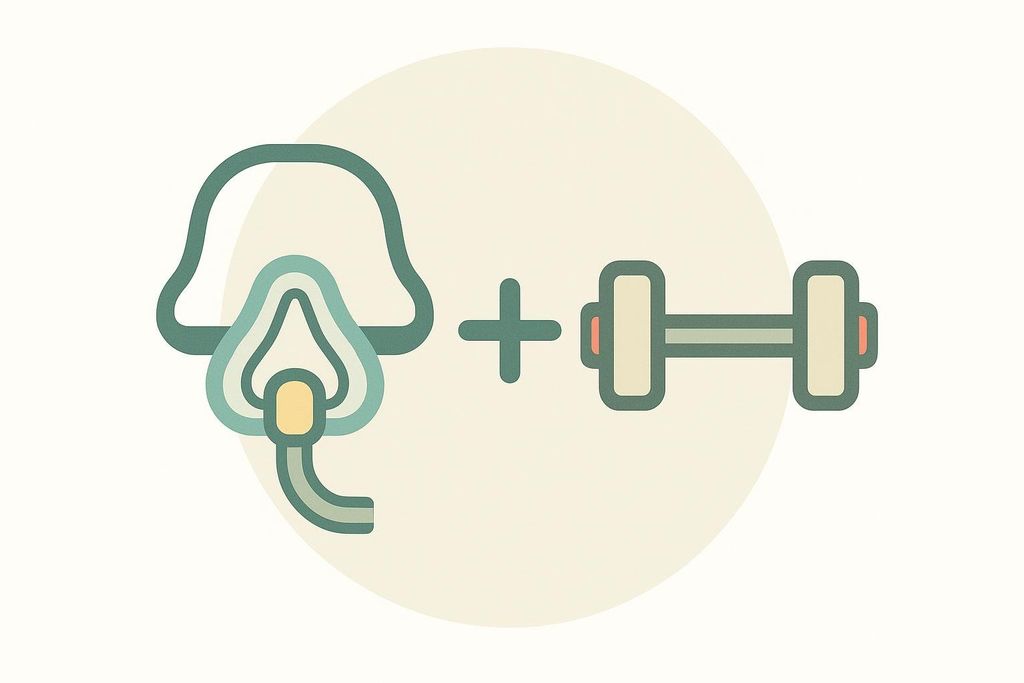 An illustration showing a CPAP mask on the left, a plus sign in the middle, and a dumbbell on the right, all within a light beige circle. This represents the combination of CPAP therapy and exercise for health or weight loss.