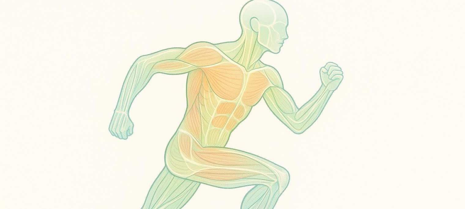 A stylized illustration showing the skeletal muscle system of a human figure in a running or athletic motion. The muscles are highlighted in orange, while the outline of the body is in light green.