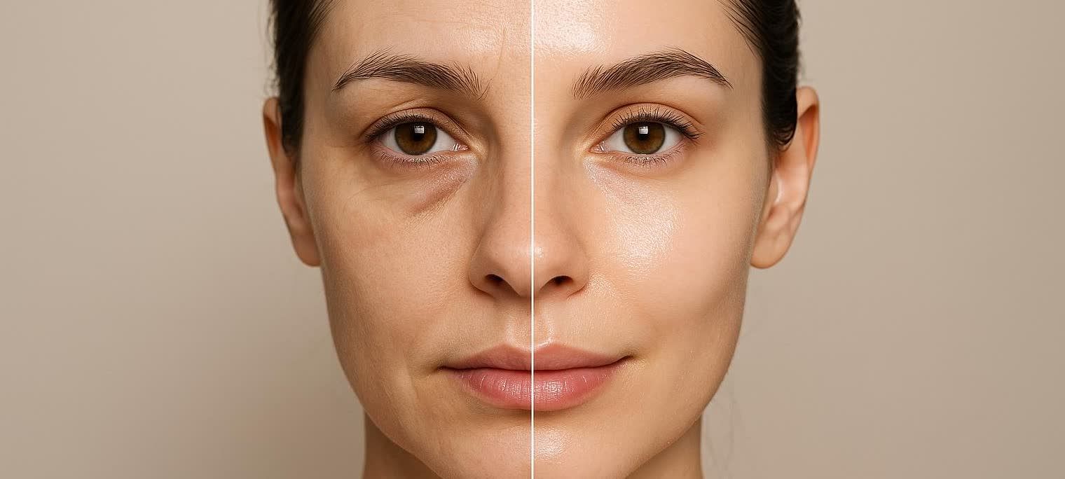 A conceptual photograph split down the middle, showing a woman's face. The left side displays skin with noticeable wrinkles, dark circles under the eye, and a slightly dull complexion, representing 'before'. The right side shows the same woman with smoother skin, reduced wrinkles, brighter under-eyes, and an overall more hydrated and vibrant appearance, representing 'after'.