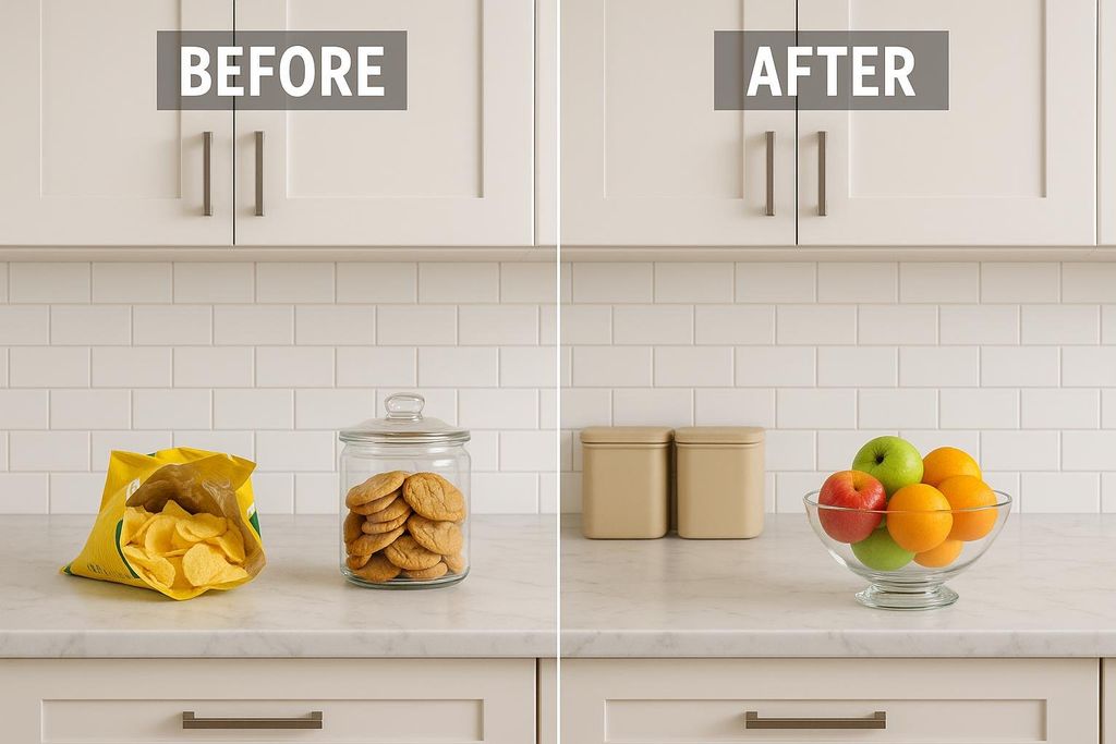 A split image shows a kitchen counter "BEFORE" with a bag of chips and a jar of cookies. The "AFTER" side of the image shows a tidy counter with a bowl of fresh fruit, illustrating how a managed food environment can promote healthier choices.
